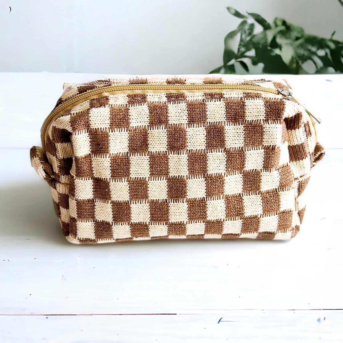 Checkered Makeup Cosmetic Pouch Bag - Mocha-240 Bags-Zenana-Coastal Bloom Boutique, find the trendiest versions of the popular styles and looks Located in Indialantic, FL