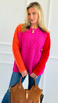 Contrast Colors Cable Knit Sweater-140 Sweaters-ROUSSEAU-Coastal Bloom Boutique, find the trendiest versions of the popular styles and looks Located in Indialantic, FL