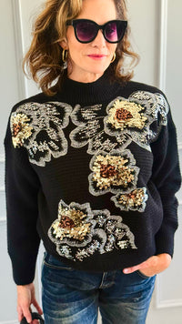 Sequin Blossom Italian Knit Sweater- Black-140 Sweaters-AZUL MONACO-Coastal Bloom Boutique, find the trendiest versions of the popular styles and looks Located in Indialantic, FL