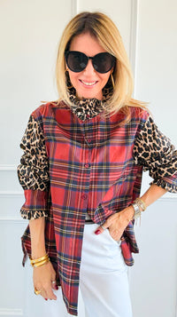 Rebel Ruffled Plaid & Leopard Italian Shirt-110 Long Sleeve Tops-TATTOO Z-Coastal Bloom Boutique, find the trendiest versions of the popular styles and looks Located in Indialantic, FL