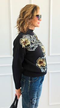 Sequin Blossom Italian Knit Sweater- Black-140 Sweaters-AZUL MONACO-Coastal Bloom Boutique, find the trendiest versions of the popular styles and looks Located in Indialantic, FL