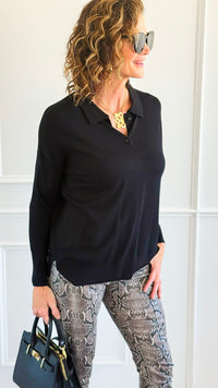 Polished Collar Knit Polo Top - Black-130 Long Sleeve Tops-ROUSSEAU-Coastal Bloom Boutique, find the trendiest versions of the popular styles and looks Located in Indialantic, FL