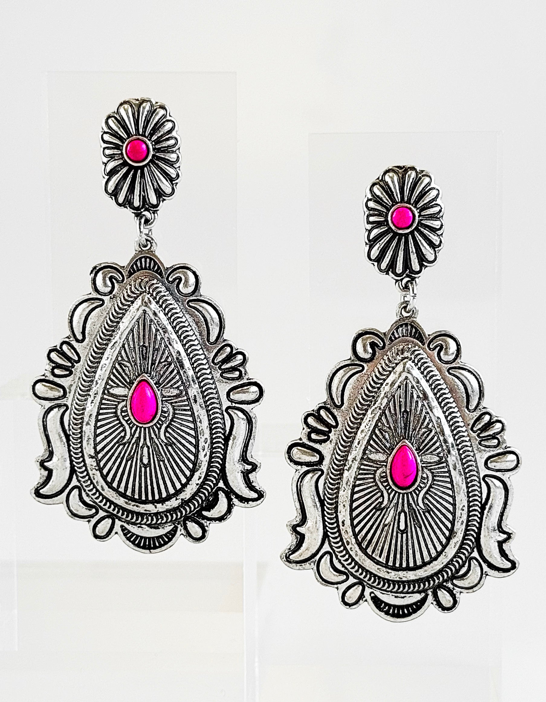 Engraved Teardrop Statement Earrings - Fuchsia-230 Jewelry-GS JEWELRY-Coastal Bloom Boutique, find the trendiest versions of the popular styles and looks Located in Indialantic, FL