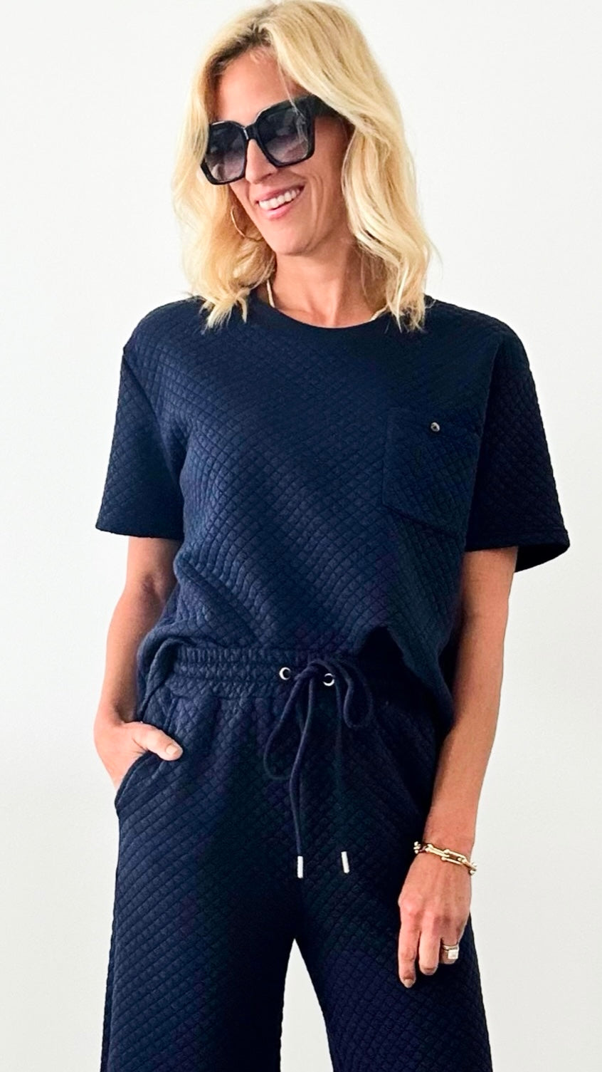 Textured Comfort Set - Navy-110 Short Sleeve Tops-EESOME-Coastal Bloom Boutique, find the trendiest versions of the popular styles and looks Located in Indialantic, FL