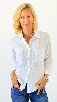 Pure Breeze Linen Italian Button Top- White-110 short Sleeve Top-Italianissimo-Coastal Bloom Boutique, find the trendiest versions of the popular styles and looks Located in Indialantic, FL
