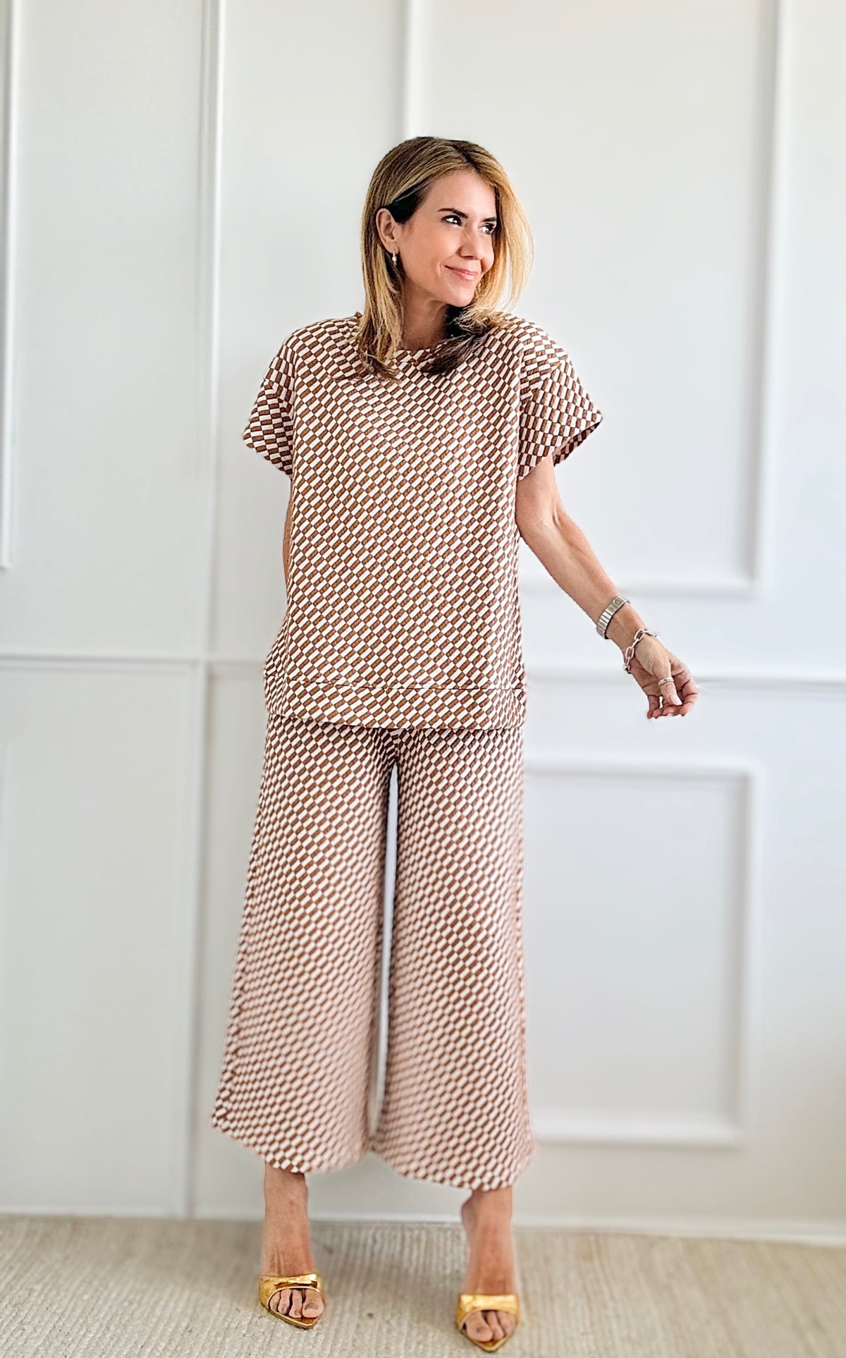 Checkered Textured Cropped Wide Set - Tan-210 Loungewear/sets-See and Be Seen-Coastal Bloom Boutique, find the trendiest versions of the popular styles and looks Located in Indialantic, FL
