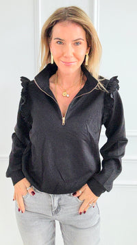 Ruffle Zip Cotton Knit Top-130 Long Sleeve Tops-Umgee-Coastal Bloom Boutique, find the trendiest versions of the popular styles and looks Located in Indialantic, FL