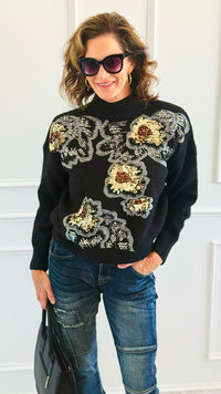 Sequin Blossom Italian Knit Sweater- Black-140 Sweaters-AZUL MONACO-Coastal Bloom Boutique, find the trendiest versions of the popular styles and looks Located in Indialantic, FL