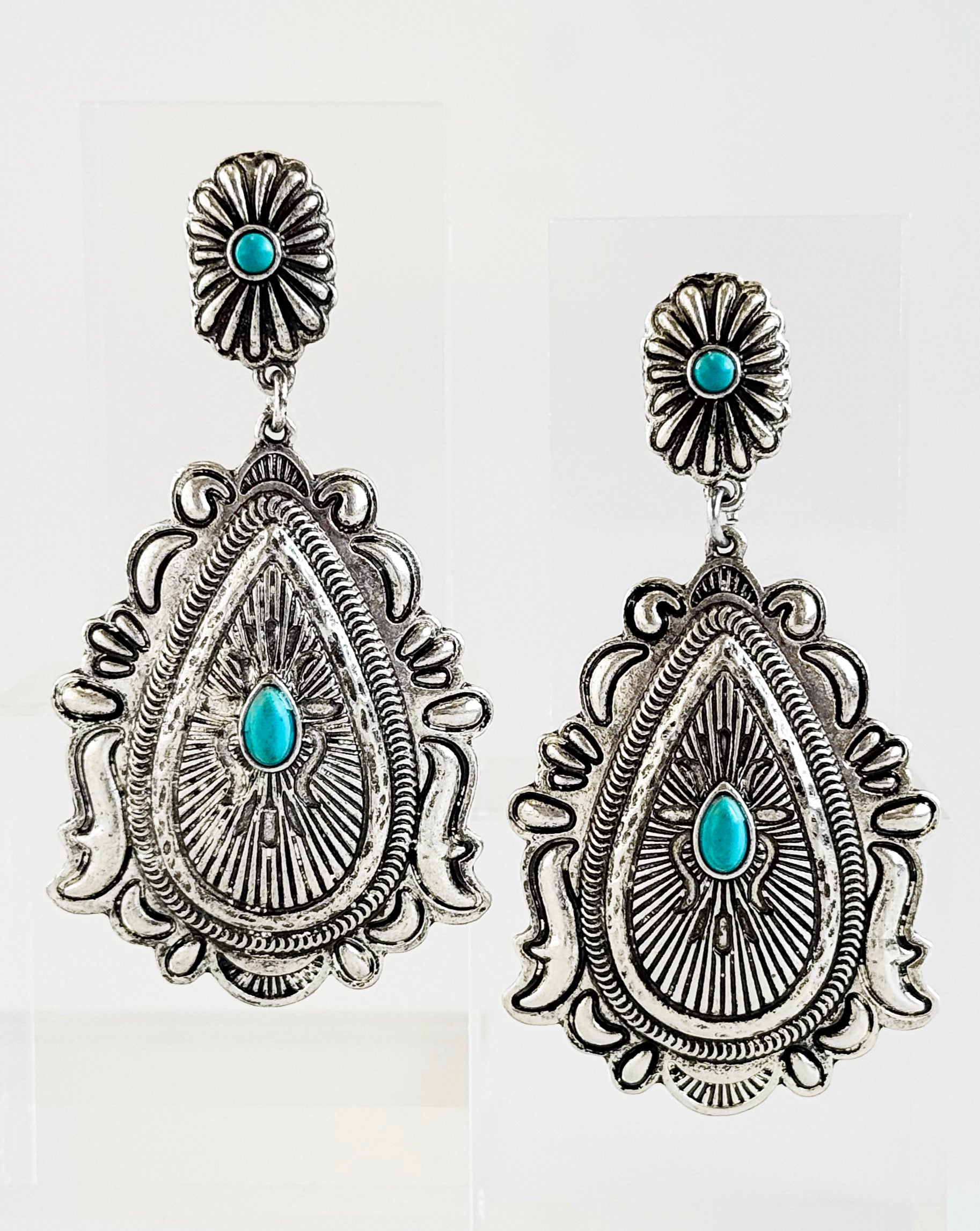 Engraved Teardrop Statement Earrings - Turquoise-230 Jewelry-GS JEWELRY-Coastal Bloom Boutique, find the trendiest versions of the popular styles and looks Located in Indialantic, FL