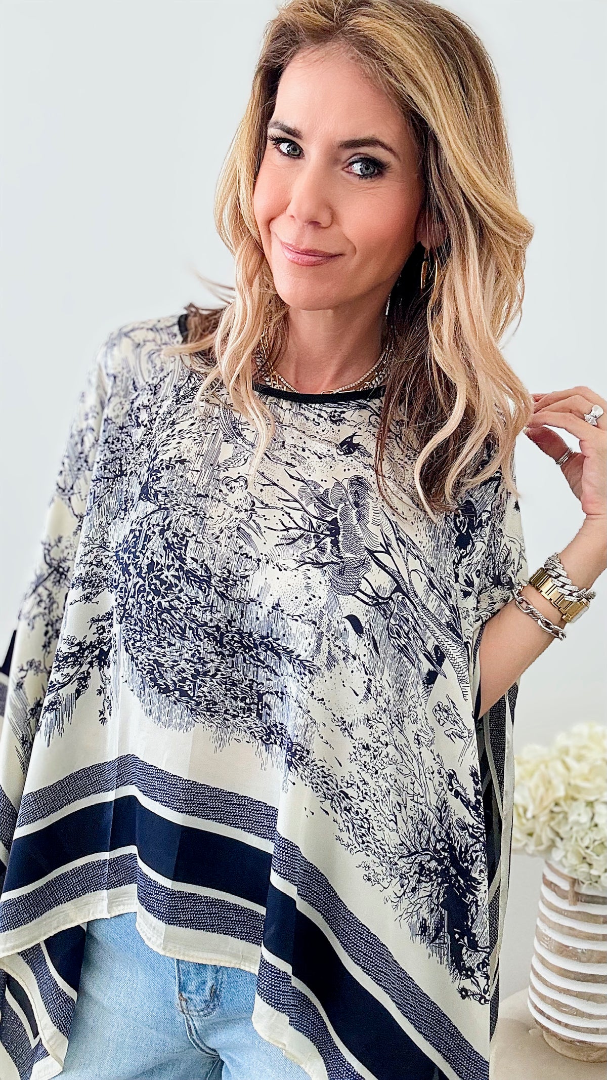 Navy Print Poncho-150 Cardigans/Layers-Chasing Bandits-Coastal Bloom Boutique, find the trendiest versions of the popular styles and looks Located in Indialantic, FL