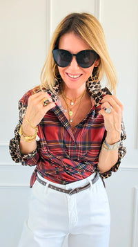 Rebel Ruffled Plaid & Leopard Italian Shirt-110 Long Sleeve Tops-TATTOO Z-Coastal Bloom Boutique, find the trendiest versions of the popular styles and looks Located in Indialantic, FL