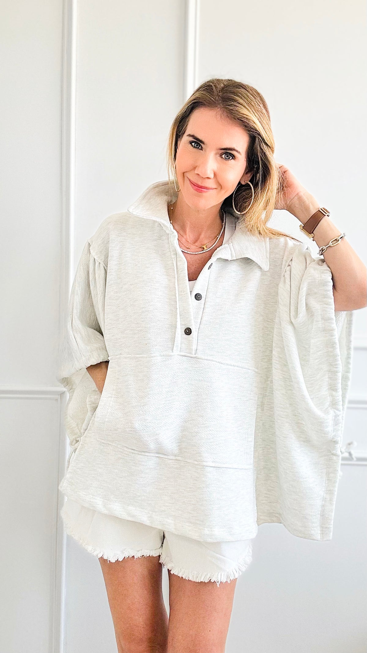 3/4 Drawstring Sleeves Oversized Top - Ash Grey-130 Long Sleeve Tops-BucketList-Coastal Bloom Boutique, find the trendiest versions of the popular styles and looks Located in Indialantic, FL