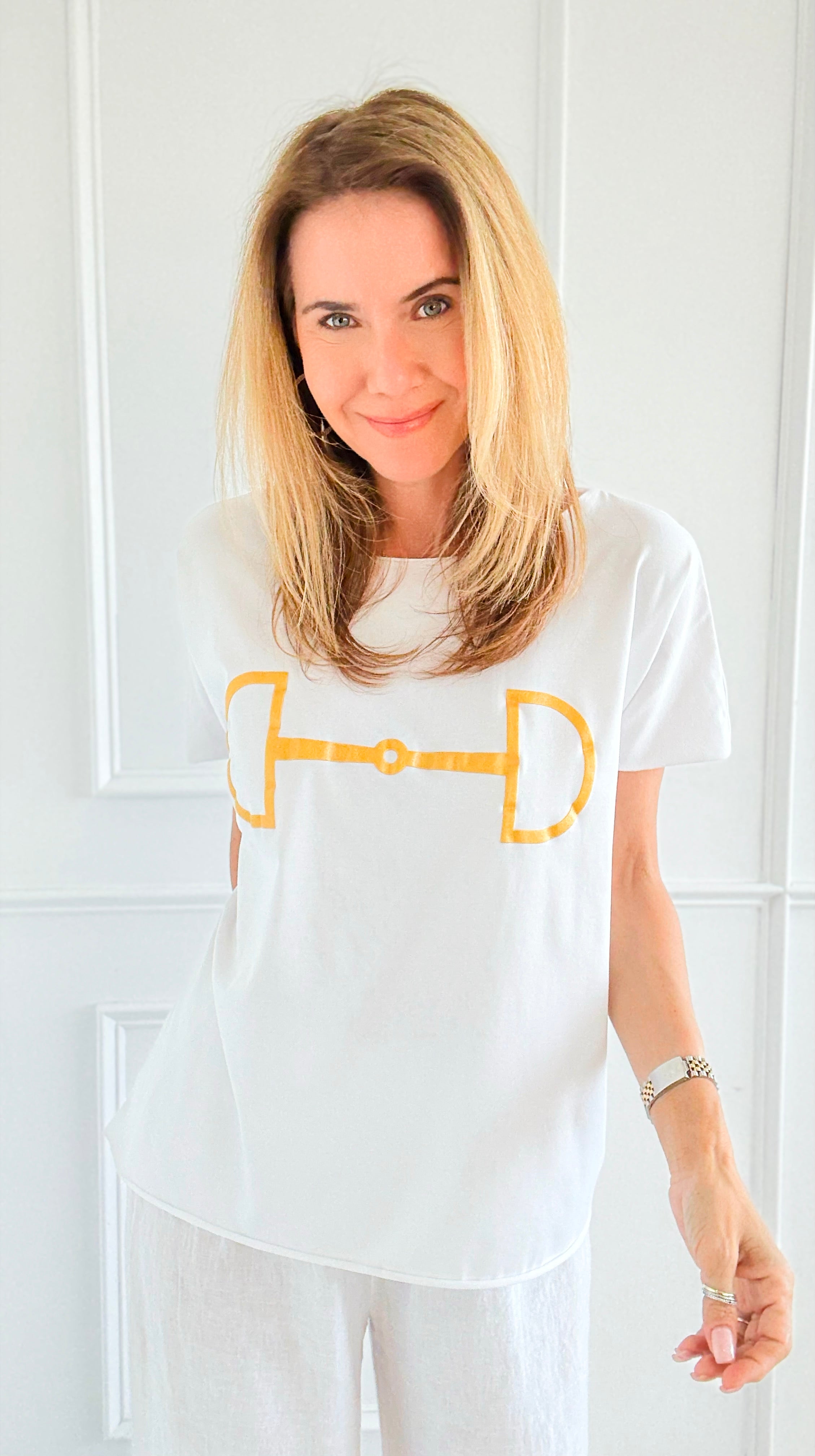 Chic Equestrian Italian Graphic tee- White/Gold-110 Short Sleeve Tops-Italianissimo-Coastal Bloom Boutique, find the trendiest versions of the popular styles and looks Located in Indialantic, FL