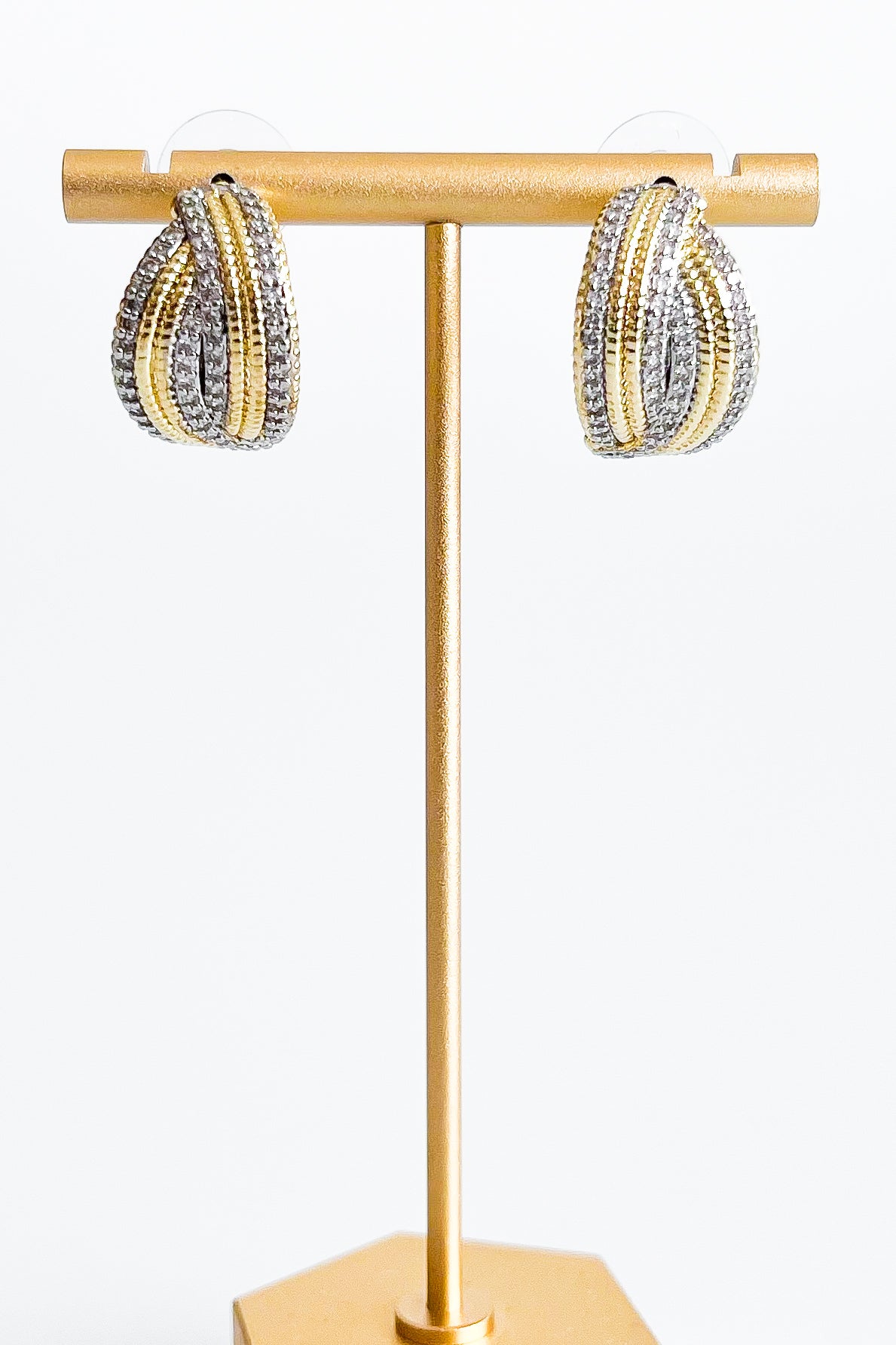 CZ Embellished Two Tone Crossover Earrings-230 Jewelry-Wona Trading-Coastal Bloom Boutique, find the trendiest versions of the popular styles and looks Located in Indialantic, FL