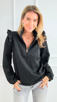 Cable Ruffle Half-Zip Knit Top - Black-130 Long Sleeve Tops-Umgee-Coastal Bloom Boutique, find the trendiest versions of the popular styles and looks Located in Indialantic, FL