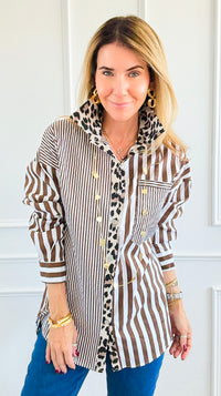 Stripe & Leopard Trim Italian Woven Blouse-110 Long Sleeve Tops-AMIRA-Coastal Bloom Boutique, find the trendiest versions of the popular styles and looks Located in Indialantic, FL