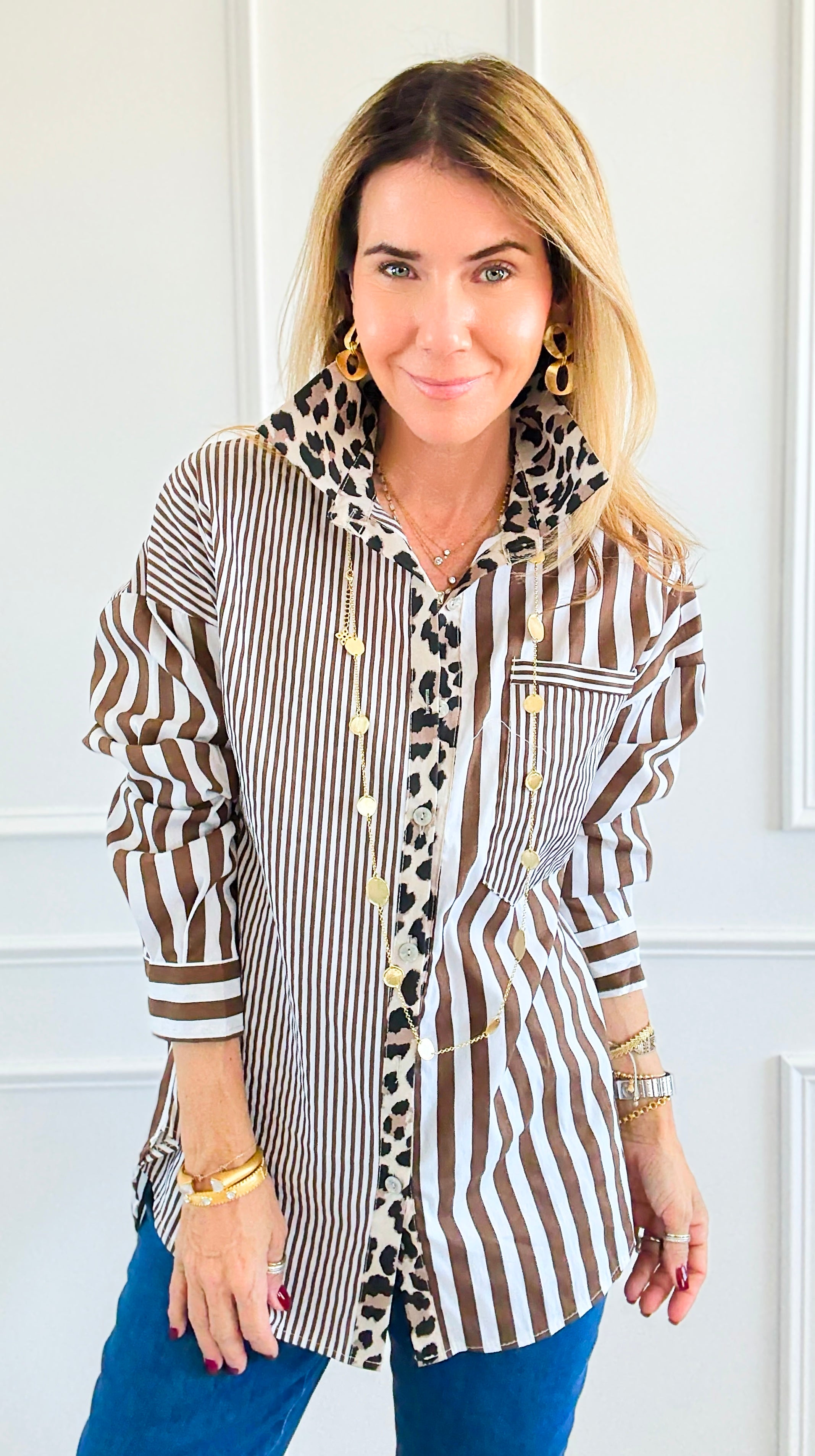 Stripe & Leopard Trim Italian Woven Blouse-110 Long Sleeve Tops-AMIRA-Coastal Bloom Boutique, find the trendiest versions of the popular styles and looks Located in Indialantic, FL