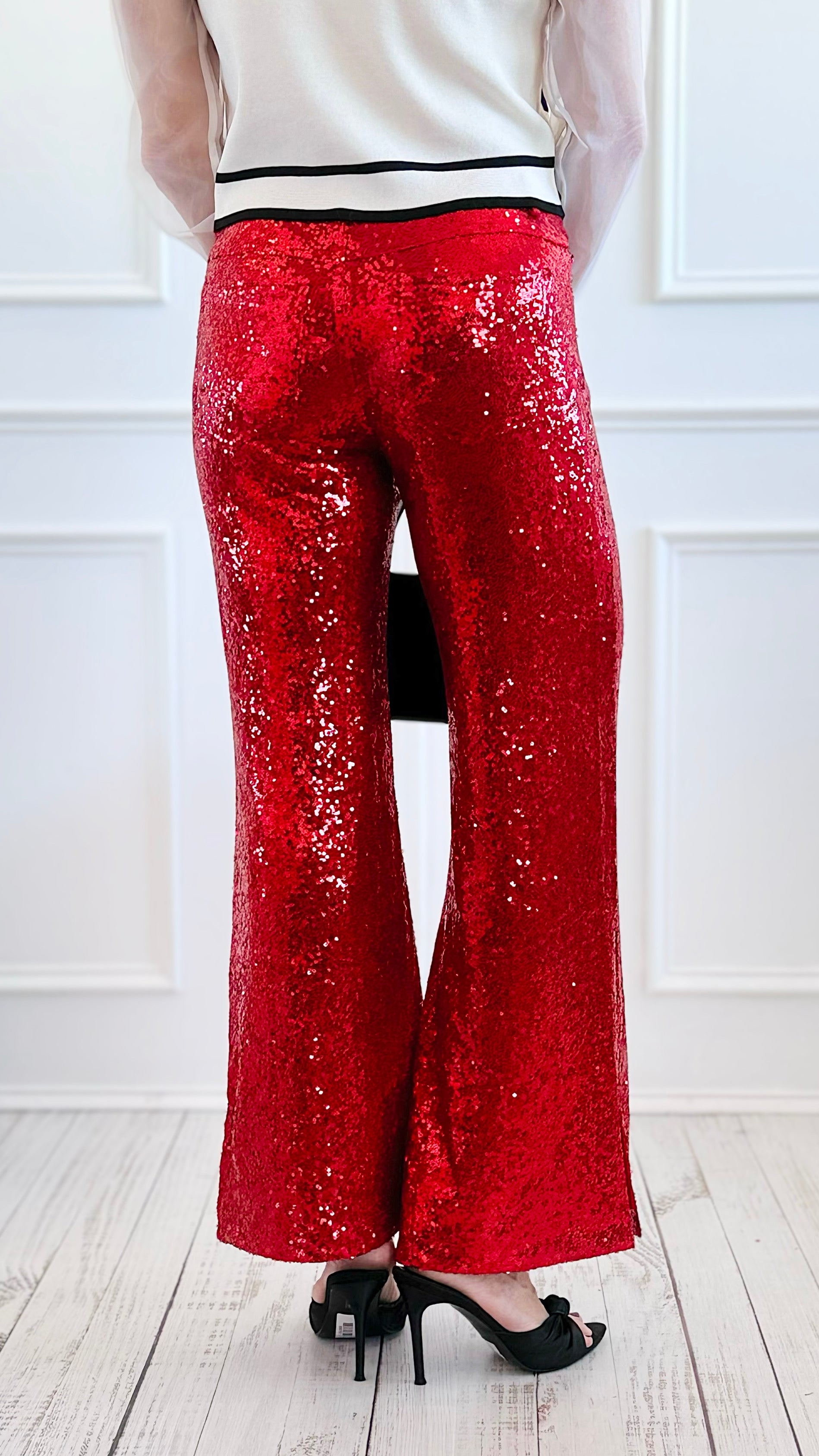 Boujie Holiday Sequin Flare Pants - Red-100 Pants-SO ME-Coastal Bloom Boutique, find the trendiest versions of the popular styles and looks Located in Indialantic, FL