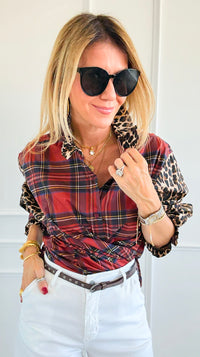 Rebel Ruffled Plaid & Leopard Italian Shirt-110 Long Sleeve Tops-TATTOO Z-Coastal Bloom Boutique, find the trendiest versions of the popular styles and looks Located in Indialantic, FL