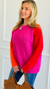 Contrast Colors Cable Knit Sweater-140 Sweaters-ROUSSEAU-Coastal Bloom Boutique, find the trendiest versions of the popular styles and looks Located in Indialantic, FL