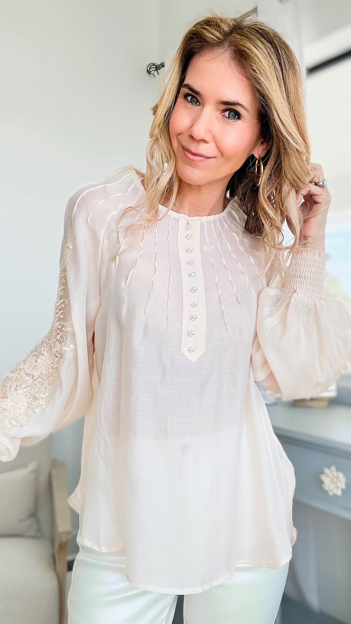 Sequin Detail Long Sleeve Blouse - Cream-130 Long Sleeve Tops-pastel design-Coastal Bloom Boutique, find the trendiest versions of the popular styles and looks Located in Indialantic, FL
