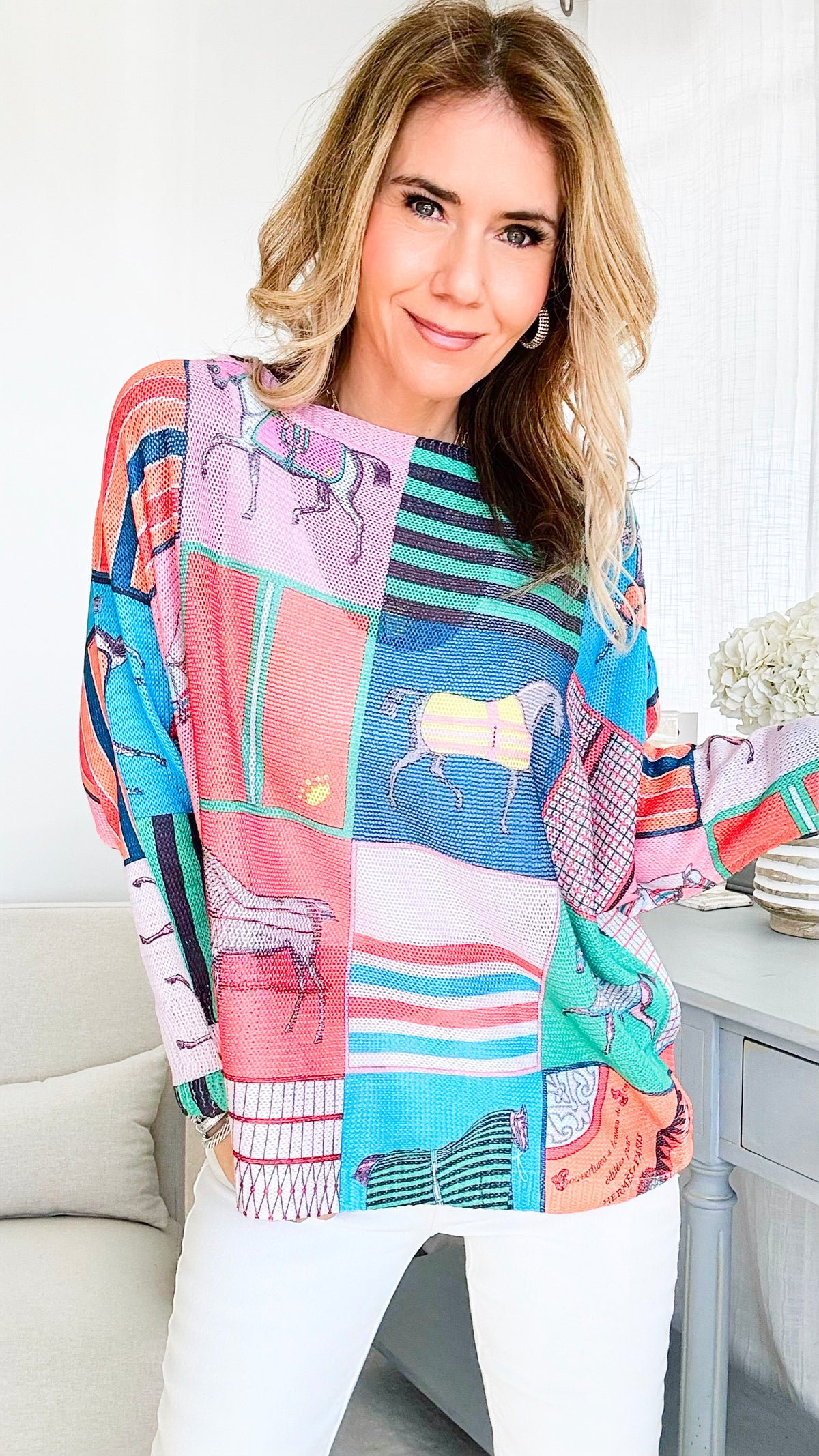 Equestrian Patchwork Italian St Tropez Sweater-140 Sweaters-Germany-Coastal Bloom Boutique, find the trendiest versions of the popular styles and looks Located in Indialantic, FL