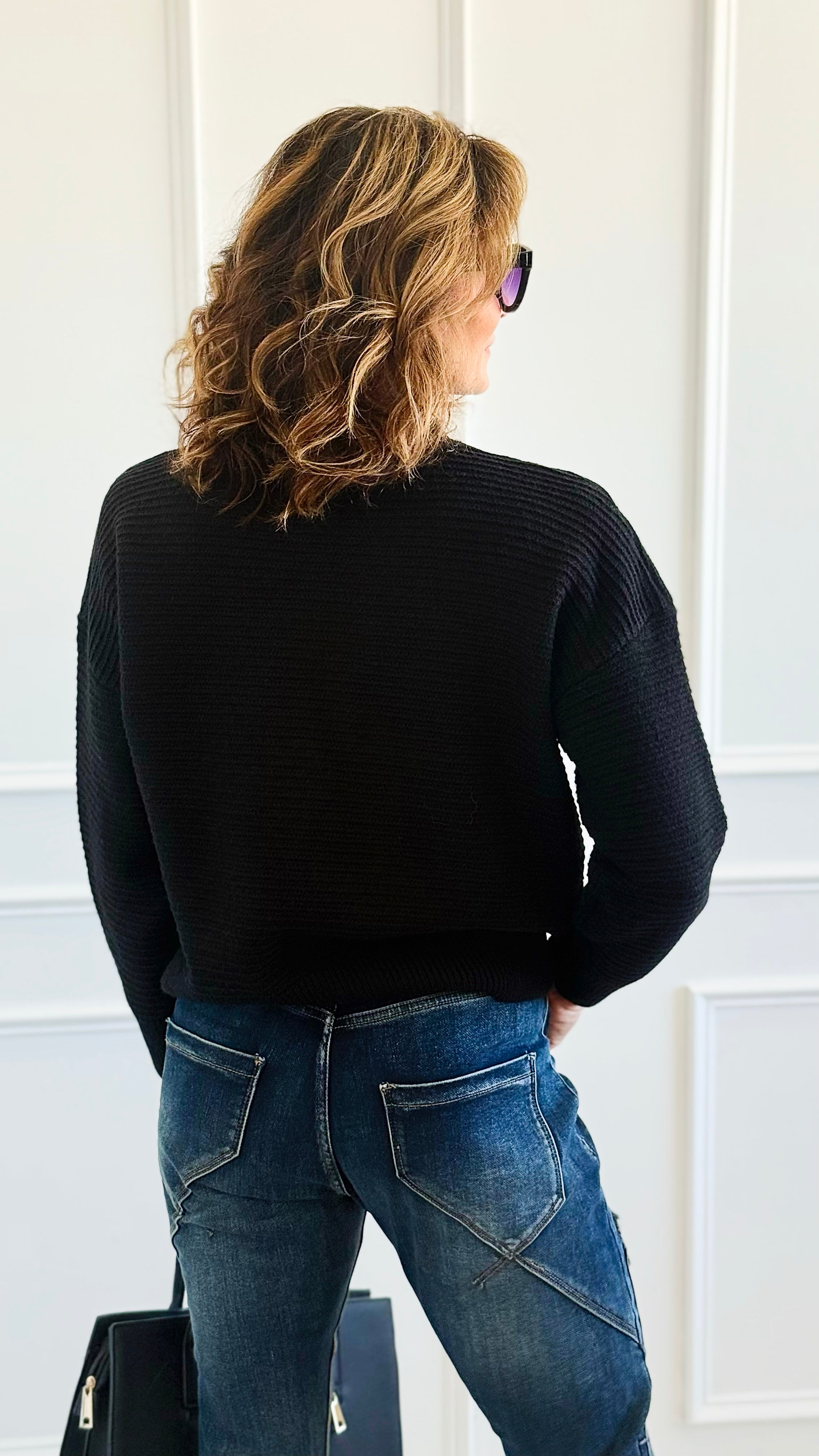 Sequin Blossom Italian Knit Sweater- Black-140 Sweaters-AZUL MONACO-Coastal Bloom Boutique, find the trendiest versions of the popular styles and looks Located in Indialantic, FL