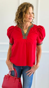 Chic Holiday Plaid Trim Blouse - Red-110 Short Sleeve Tops-entro-Coastal Bloom Boutique, find the trendiest versions of the popular styles and looks Located in Indialantic, FL