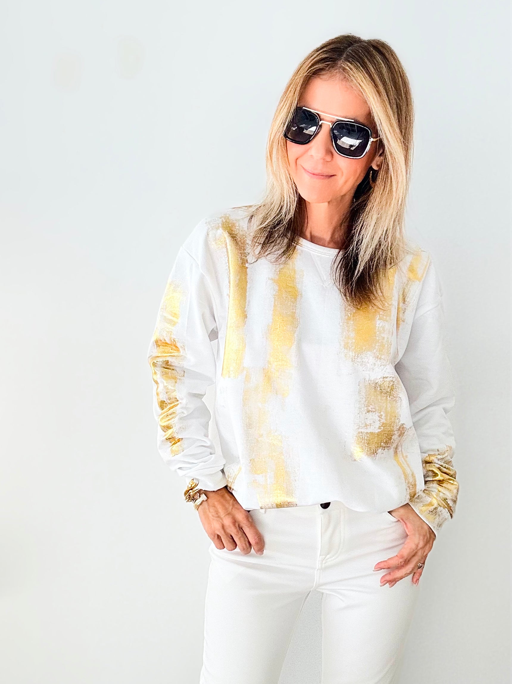 CB Custom Metallic Sweatshirt - White-130 Long Sleeve Tops-Holly-Coastal Bloom Boutique, find the trendiest versions of the popular styles and looks Located in Indialantic, FL