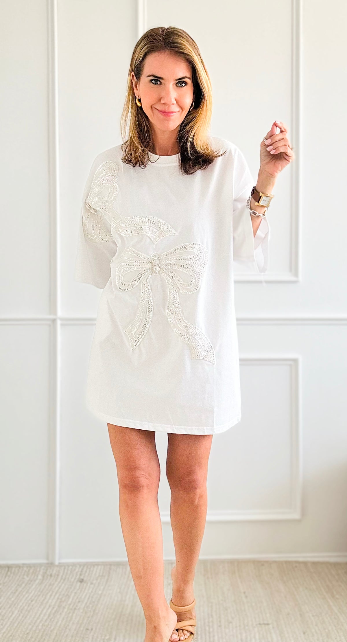 Sequined Bow T-Shirt Dress-200 dresses/jumpsuits/rompers-LA ROS-Coastal Bloom Boutique, find the trendiest versions of the popular styles and looks Located in Indialantic, FL