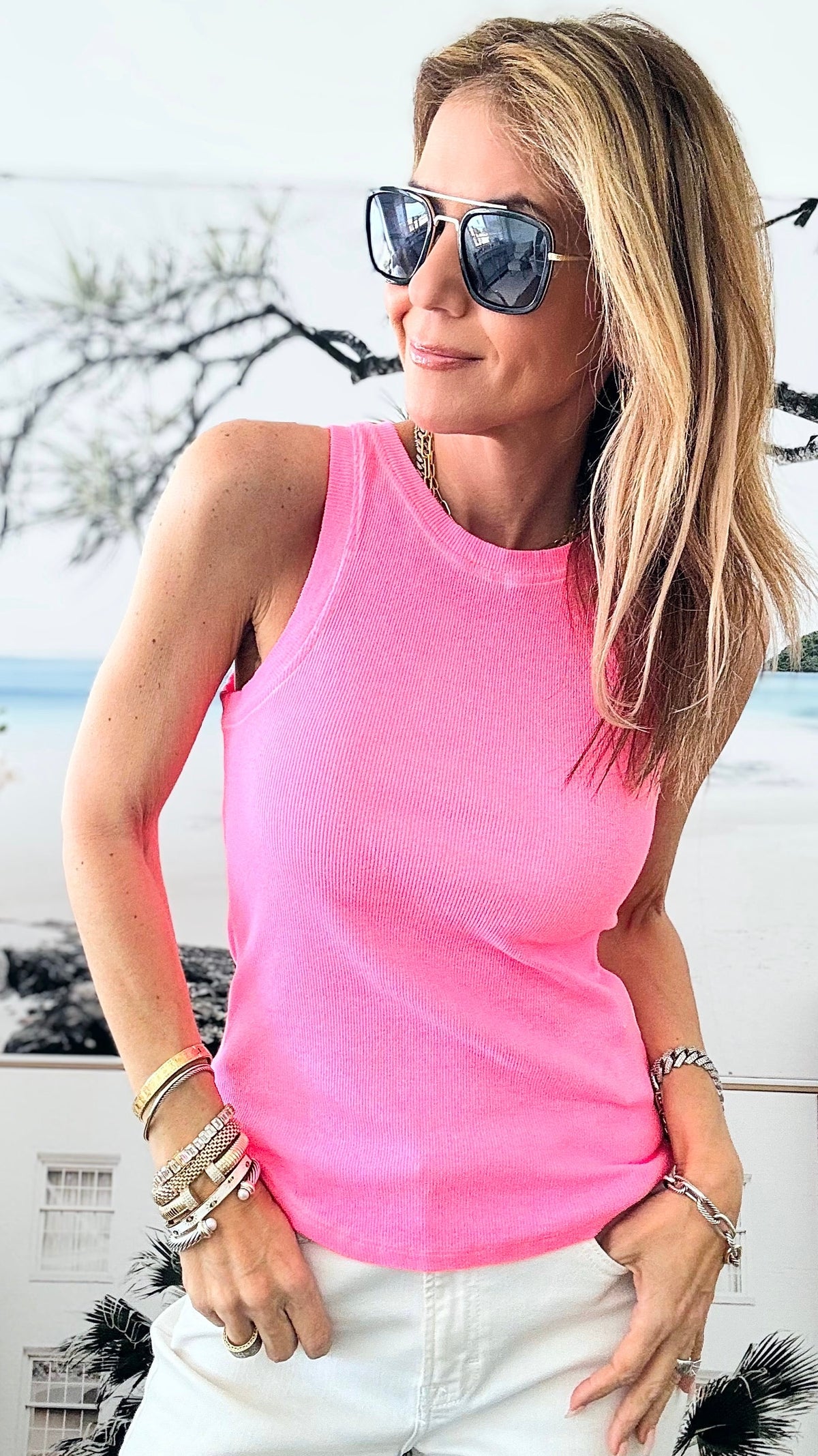 Sunburst Glow Italian Tank - Neon Pink-100 Sleeveless Tops-Italianissimo-Coastal Bloom Boutique, find the trendiest versions of the popular styles and looks Located in Indialantic, FL