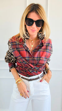 Rebel Ruffled Plaid & Leopard Italian Shirt-110 Long Sleeve Tops-TATTOO Z-Coastal Bloom Boutique, find the trendiest versions of the popular styles and looks Located in Indialantic, FL