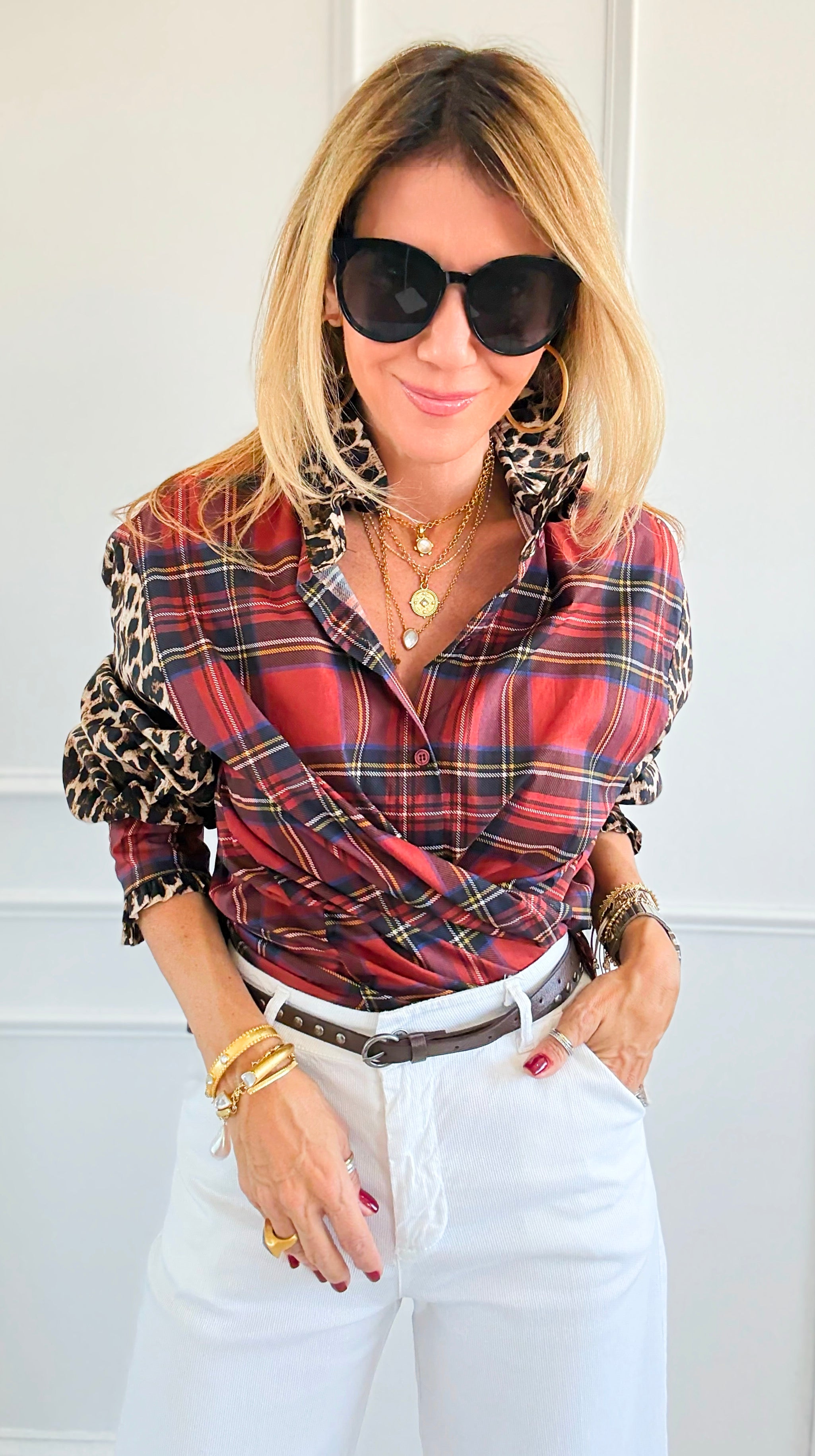 Rebel Ruffled Plaid & Leopard Italian Shirt-110 Long Sleeve Tops-TATTOO Z-Coastal Bloom Boutique, find the trendiest versions of the popular styles and looks Located in Indialantic, FL