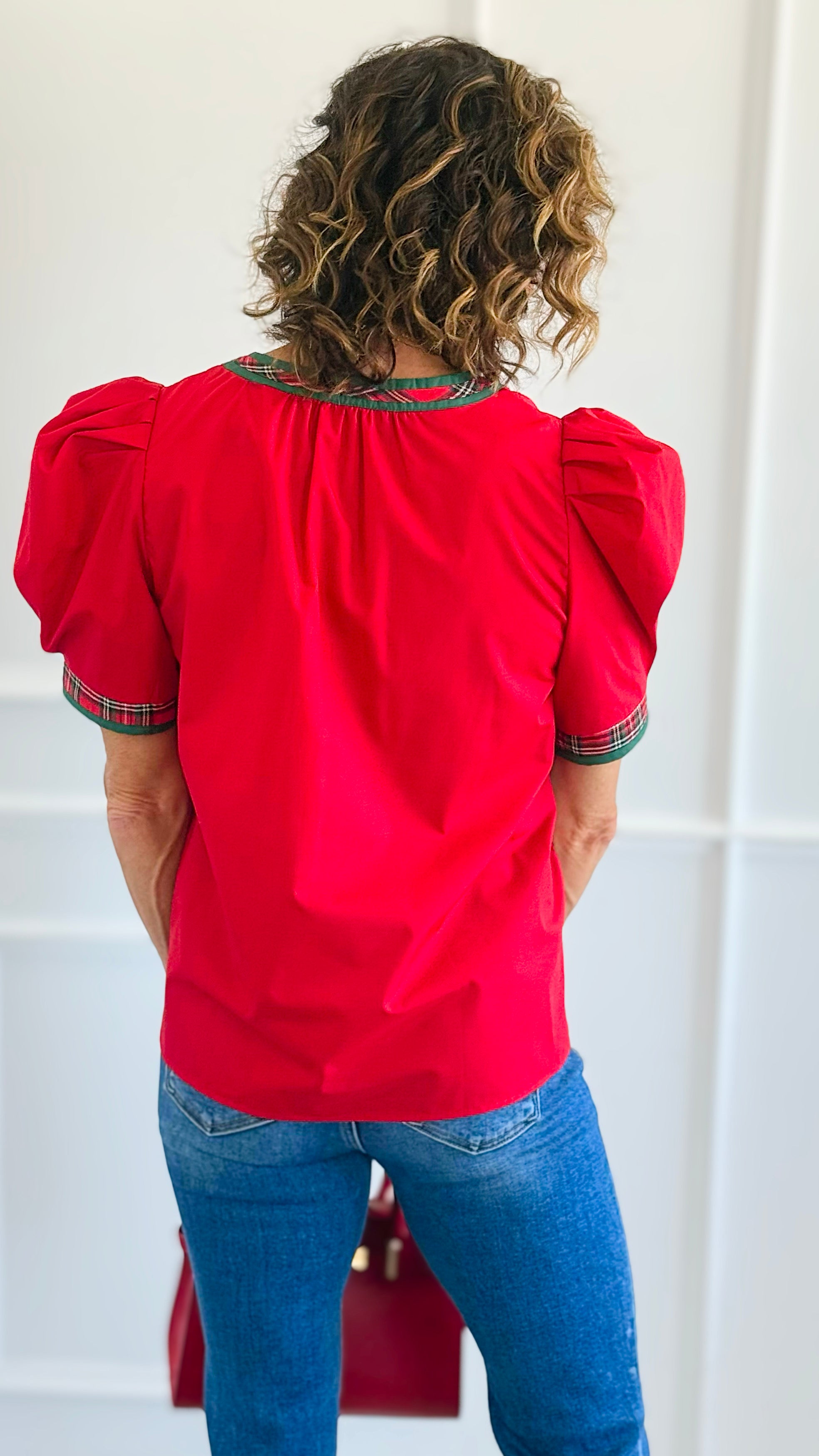 Chic Holiday Plaid Trim Blouse - Red-110 Short Sleeve Tops-entro-Coastal Bloom Boutique, find the trendiest versions of the popular styles and looks Located in Indialantic, FL
