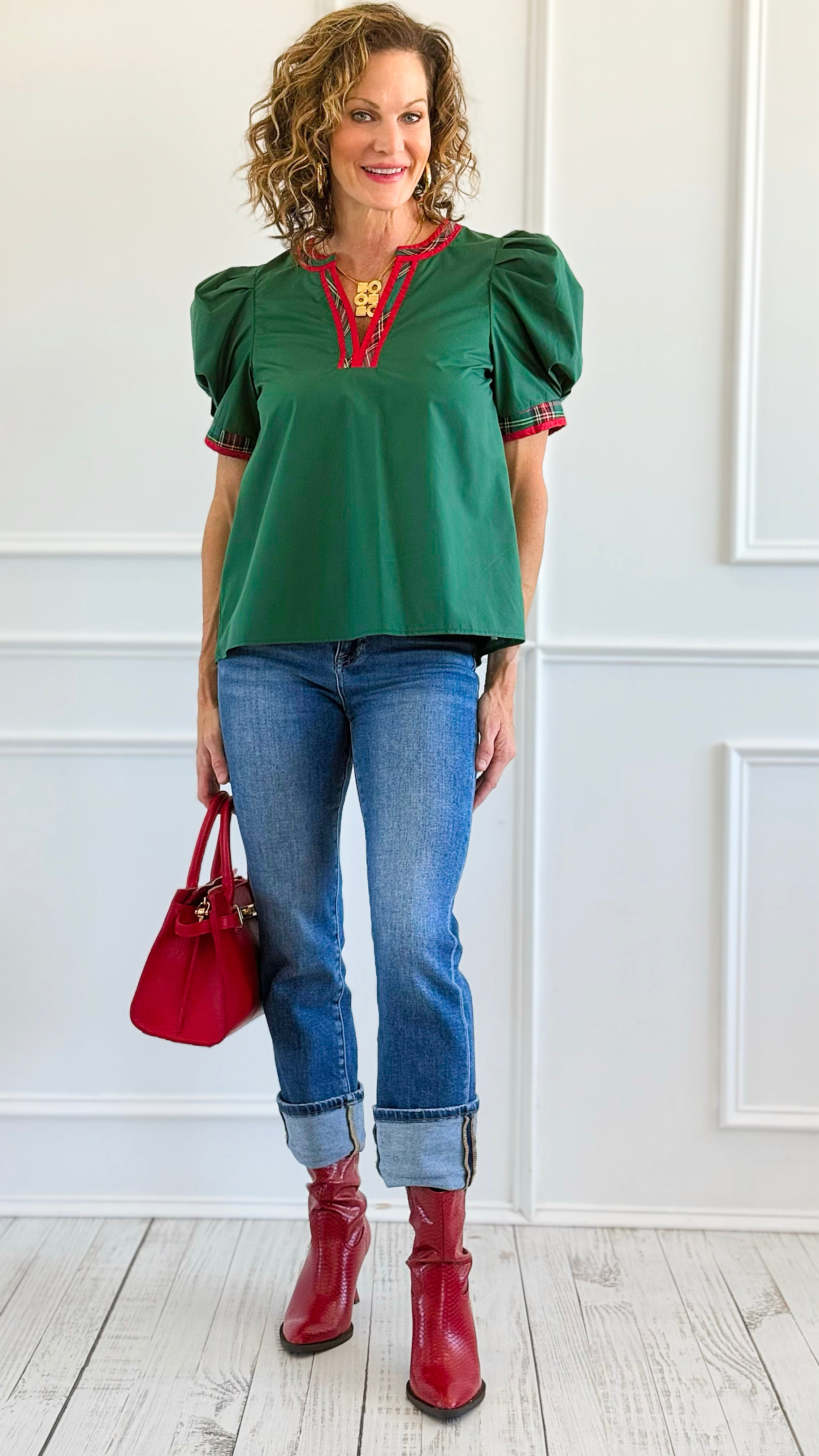 Chic Holiday Plaid Trim Blouse - Green-110 Short Sleeve Tops-entro-Coastal Bloom Boutique, find the trendiest versions of the popular styles and looks Located in Indialantic, FL