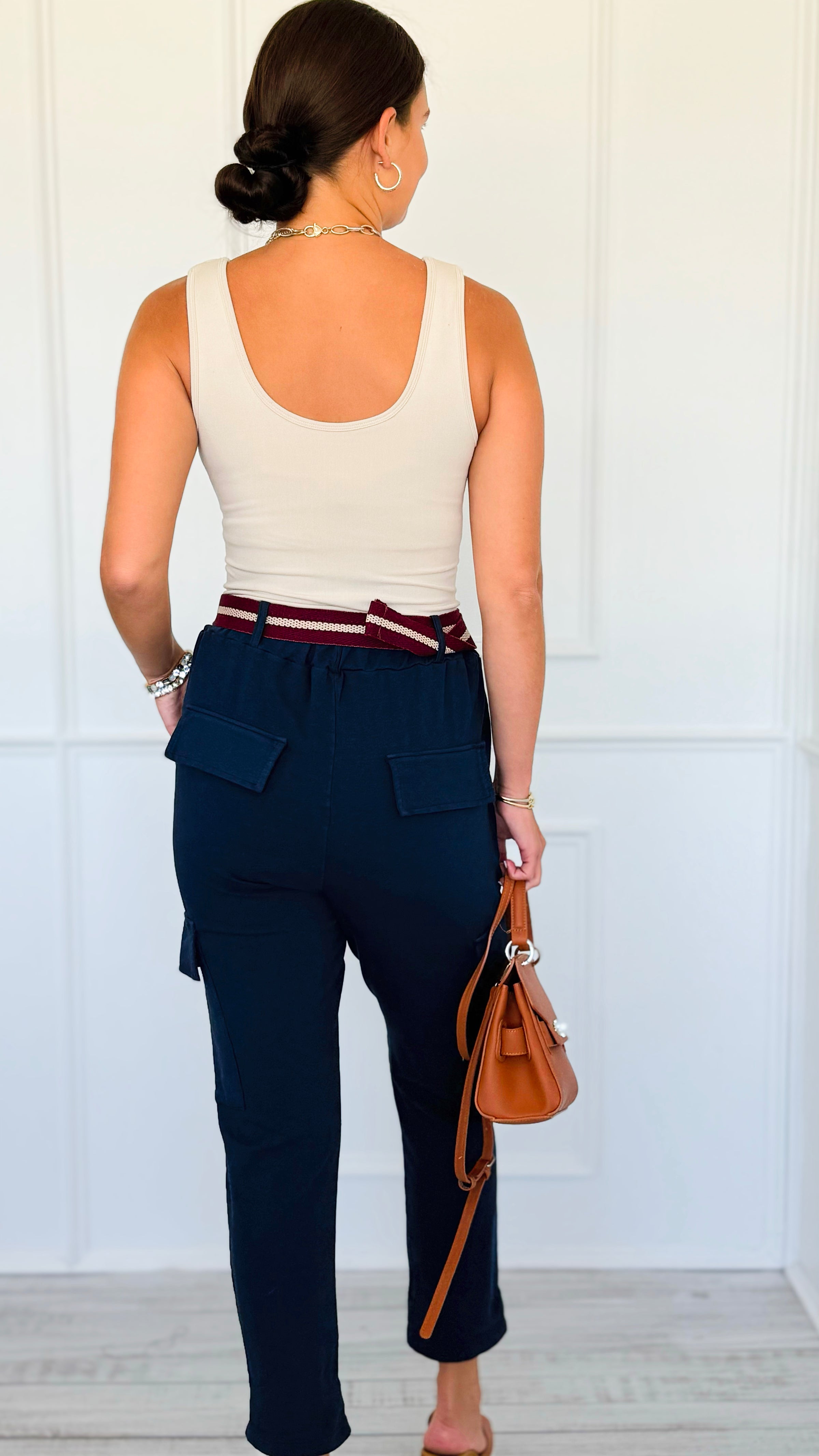 Trendy Belted Cargo Italian Jogger Pants- Navy-100 Pants-AZUL MONACO-Coastal Bloom Boutique, find the trendiest versions of the popular styles and looks Located in Indialantic, FL