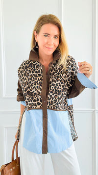 Leopard & Lines Button-Up Italian Blouse-110 Long Sleeve Tops-TATTOO Z-Coastal Bloom Boutique, find the trendiest versions of the popular styles and looks Located in Indialantic, FL