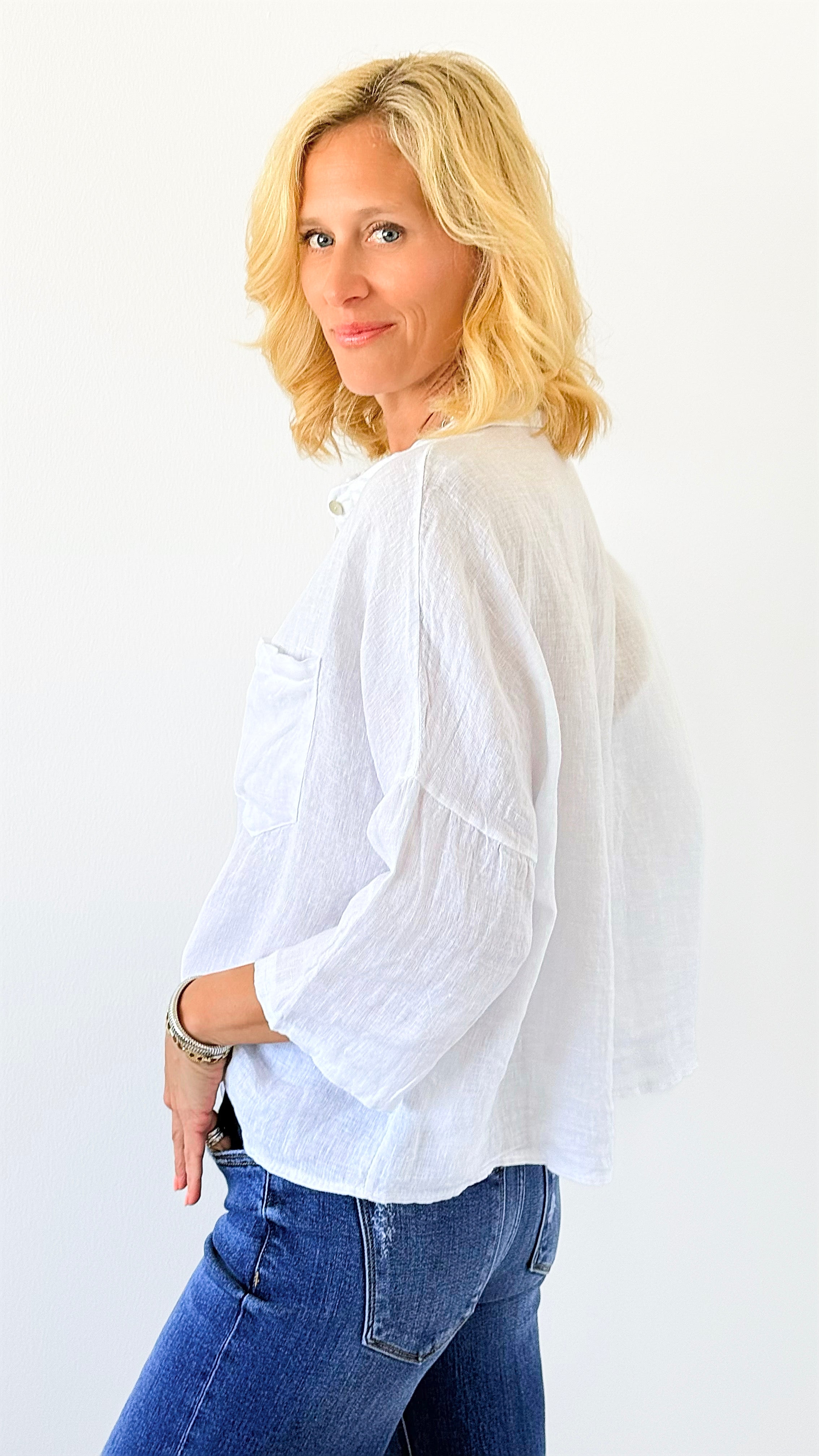 Pure Breeze Linen Italian Button Top- White-110 short Sleeve Top-Italianissimo-Coastal Bloom Boutique, find the trendiest versions of the popular styles and looks Located in Indialantic, FL