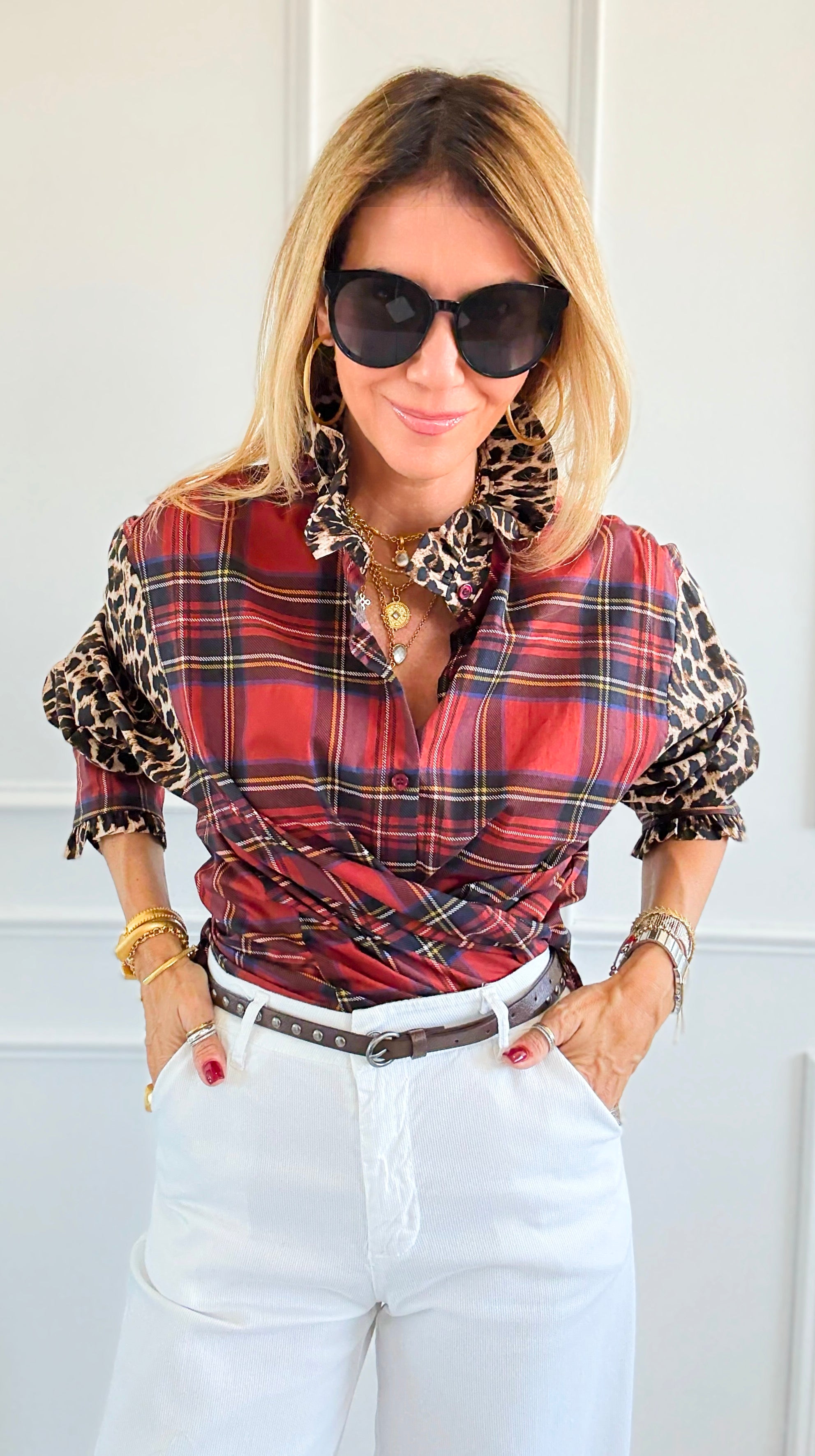 Rebel Ruffled Plaid & Leopard Italian Shirt-110 Long Sleeve Tops-TATTOO Z-Coastal Bloom Boutique, find the trendiest versions of the popular styles and looks Located in Indialantic, FL