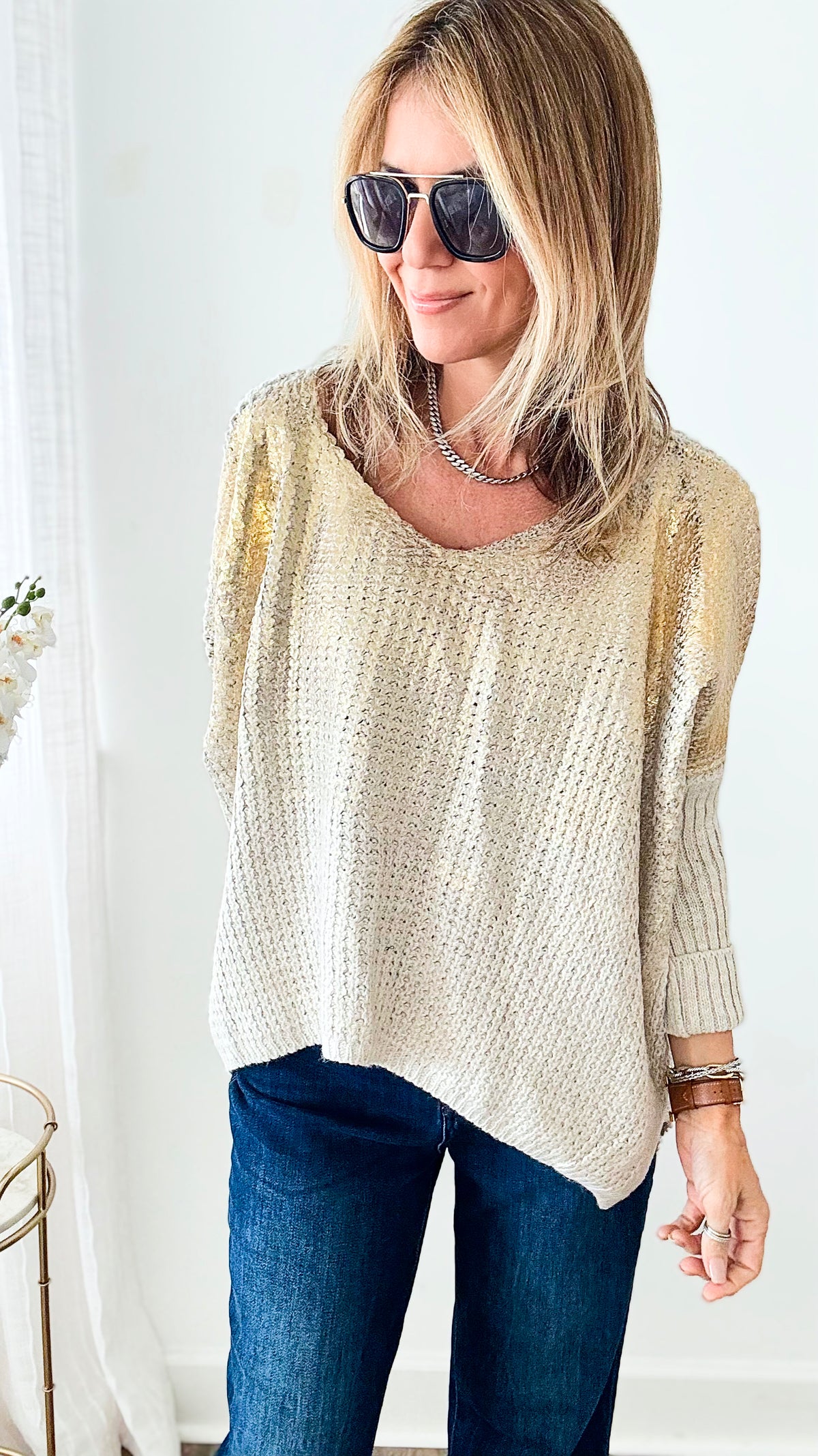 V Neck Gold Foil Sweater - Oyster-140 Sweaters-moda italia-Coastal Bloom Boutique, find the trendiest versions of the popular styles and looks Located in Indialantic, FL