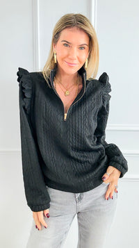 Cable Ruffle Half-Zip Knit Top - Black-130 Long Sleeve Tops-Umgee-Coastal Bloom Boutique, find the trendiest versions of the popular styles and looks Located in Indialantic, FL
