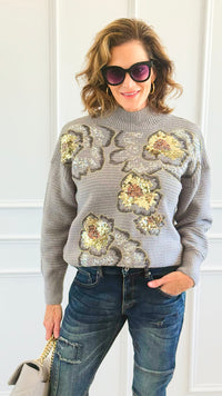 Sequin Blossom Italian Knit Sweater- Grey-140 Sweaters-AZUL MONACO-Coastal Bloom Boutique, find the trendiest versions of the popular styles and looks Located in Indialantic, FL