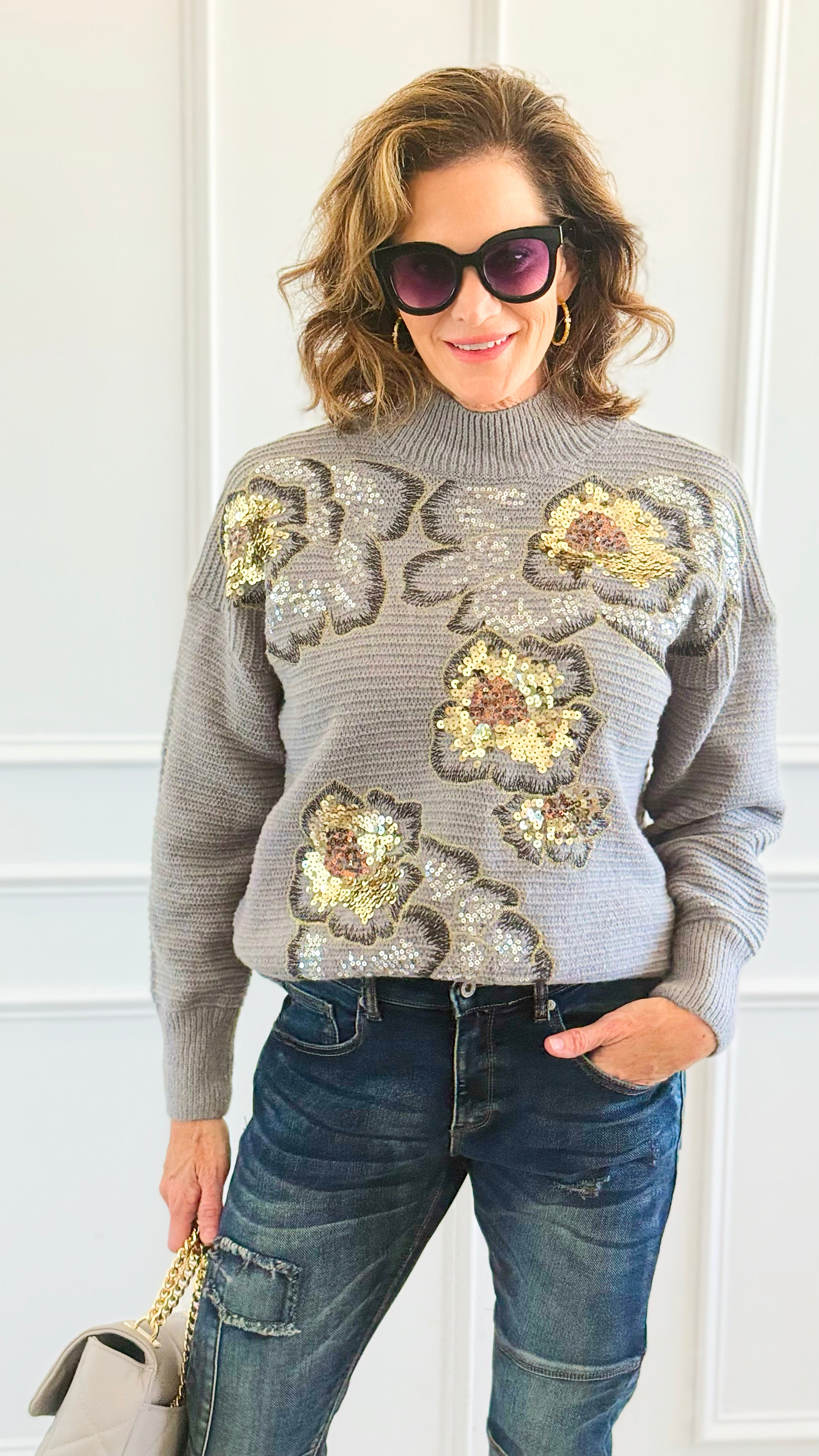 Sequin Blossom Italian Knit Sweater- Grey-140 Sweaters-AZUL MONACO-Coastal Bloom Boutique, find the trendiest versions of the popular styles and looks Located in Indialantic, FL