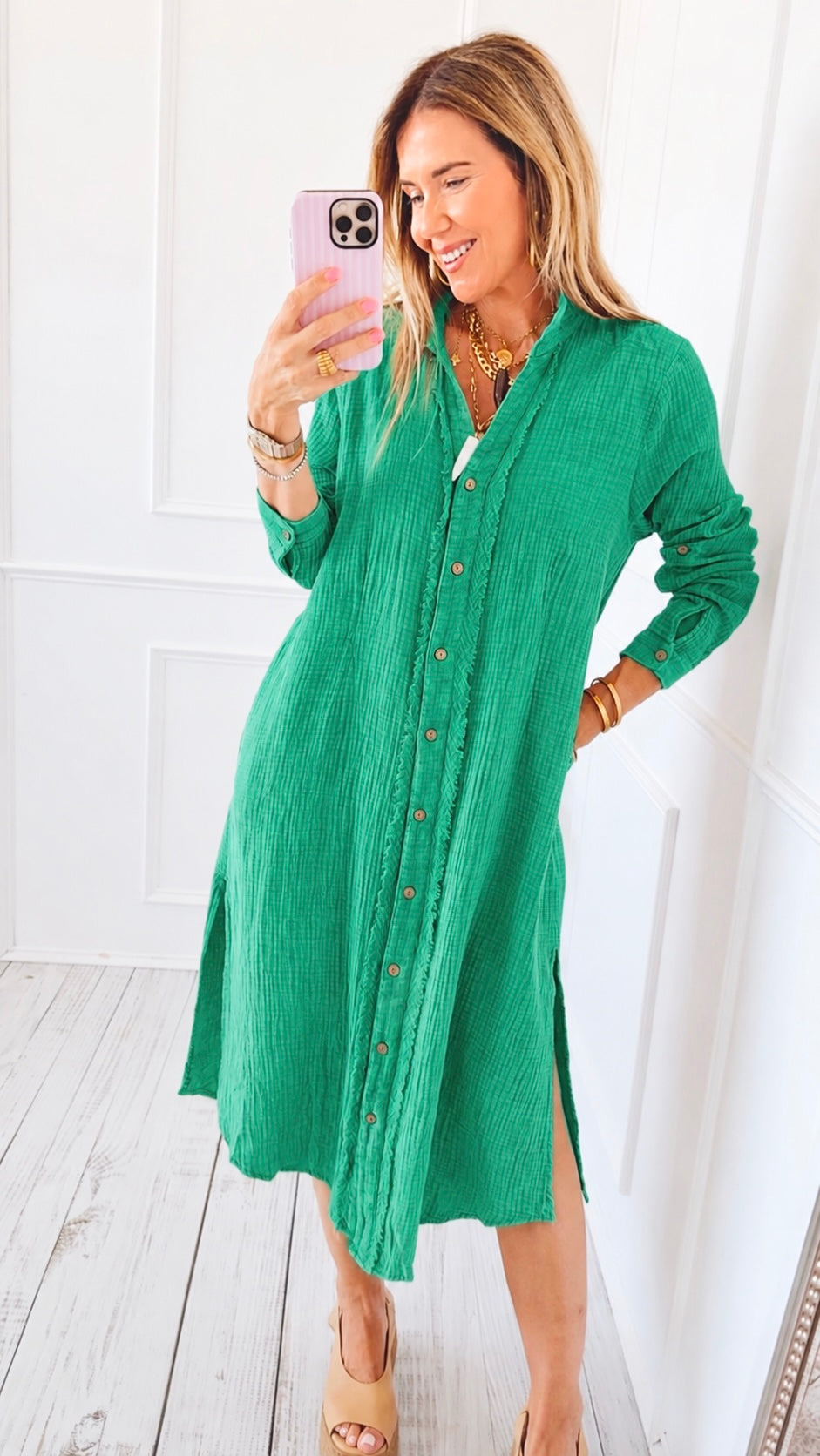 Drift Button Down Midi Dress Shirt - Jade Green  Coastal Bloom