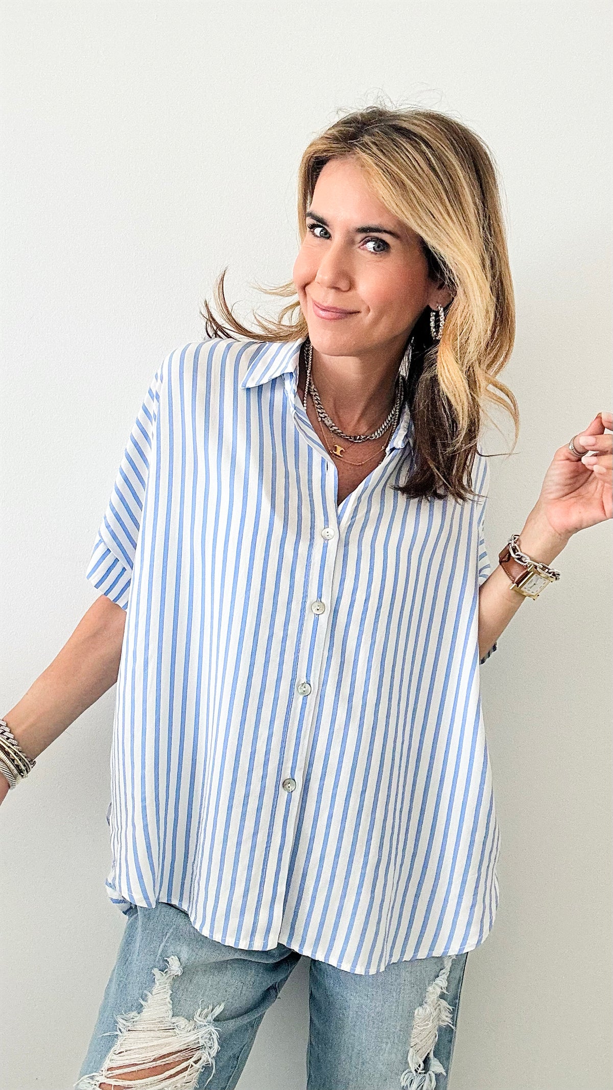 Clean Lines Italian Blouse - Sky Blue-170 Bottoms-Germany-Coastal Bloom Boutique, find the trendiest versions of the popular styles and looks Located in Indialantic, FL