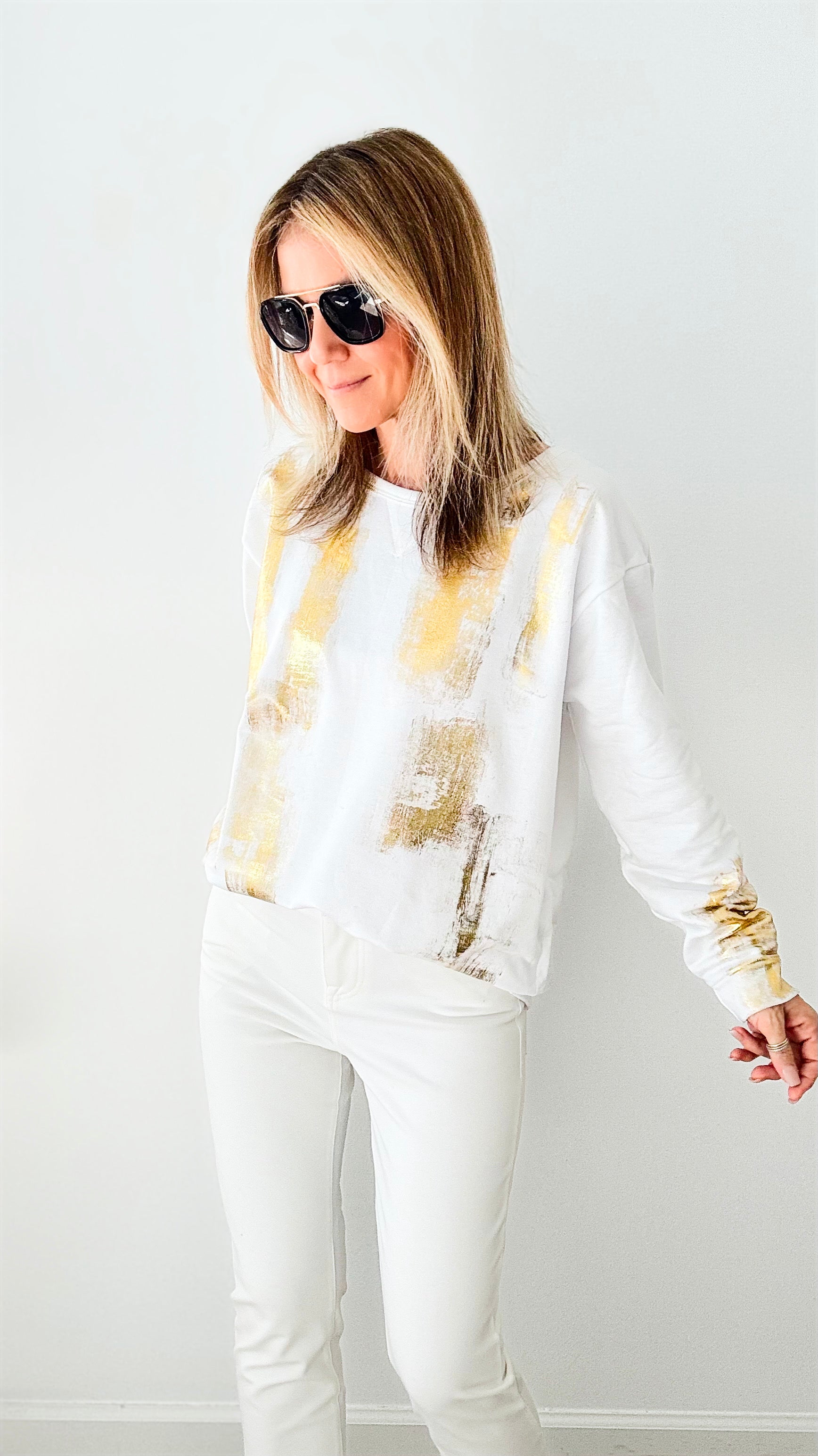CB Custom Metallic Sweatshirt - White-130 Long Sleeve Tops-Holly-Coastal Bloom Boutique, find the trendiest versions of the popular styles and looks Located in Indialantic, FL