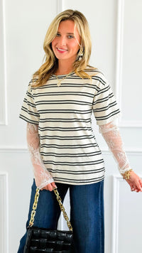 Stripe Contrast Lace Sleeve Italian Top-110 Long Sleeve Tops-Mitica & Co-Coastal Bloom Boutique, find the trendiest versions of the popular styles and looks Located in Indialantic, FL