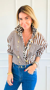 Stripe & Leopard Trim Italian Woven Blouse-110 Long Sleeve Tops-AMIRA-Coastal Bloom Boutique, find the trendiest versions of the popular styles and looks Located in Indialantic, FL