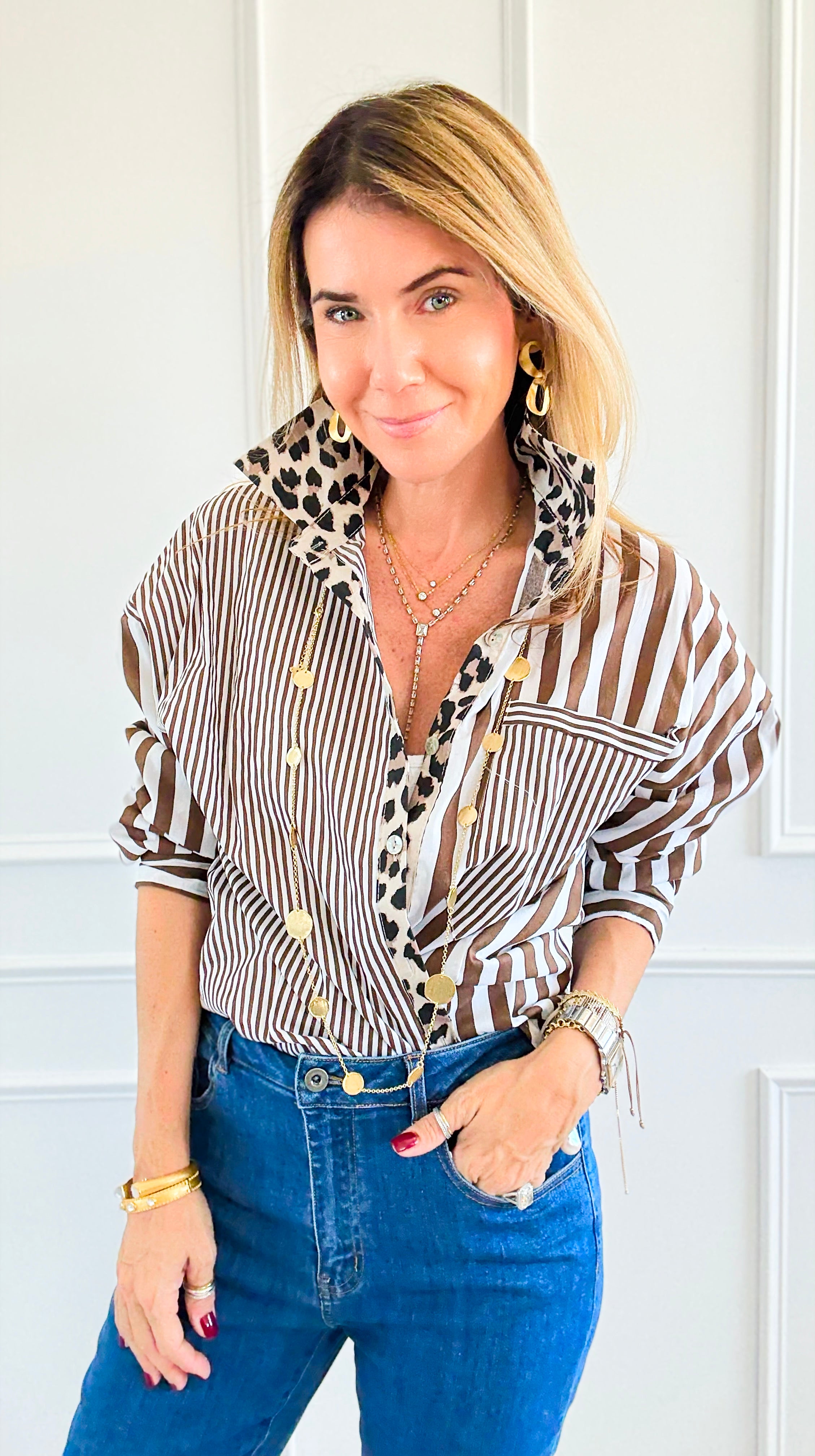 Stripe & Leopard Trim Italian Woven Blouse-110 Long Sleeve Tops-AMIRA-Coastal Bloom Boutique, find the trendiest versions of the popular styles and looks Located in Indialantic, FL