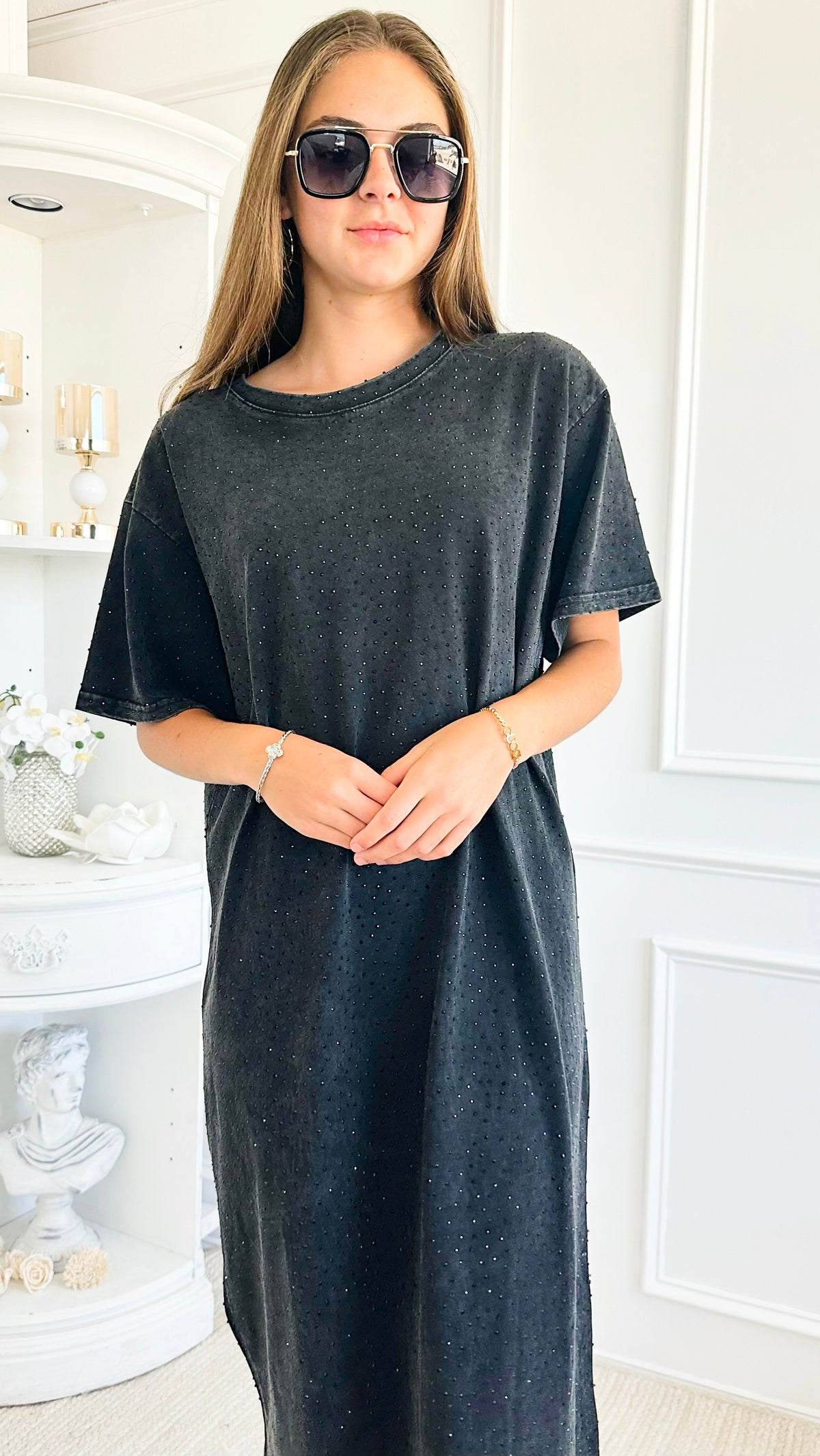 Rhinestone Detailed Oversized T-Shirt - Black-110 Short Sleeve Tops-Galita-Coastal Bloom Boutique, find the trendiest versions of the popular styles and looks Located in Indialantic, FL
